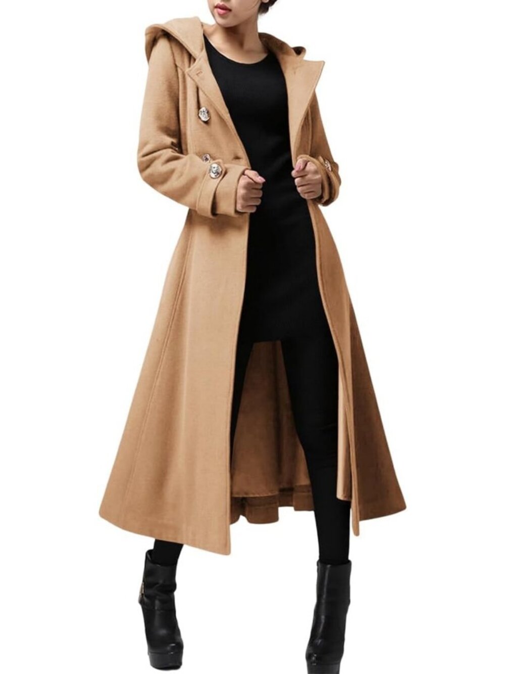 Chic Women's Long Hooded Wool Trench Coat - Stylish Double-Breasted Winter